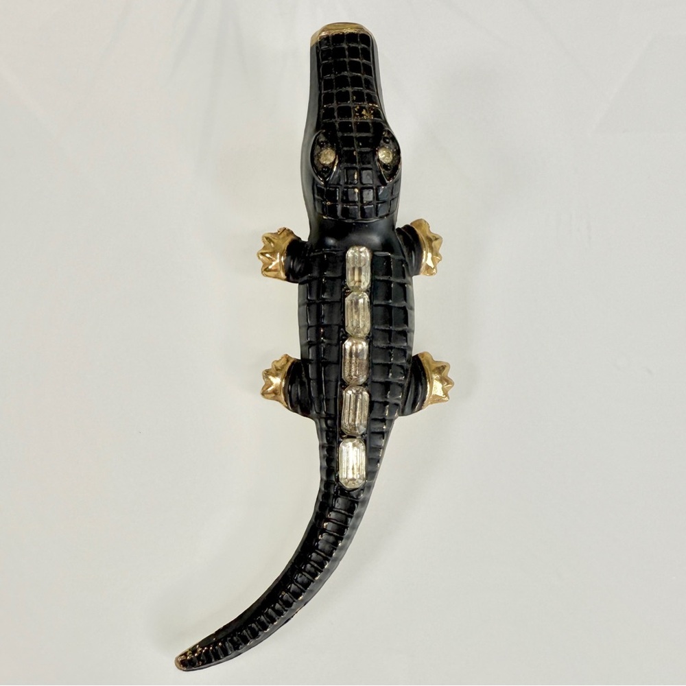 Vintage Gold Tone Metal & Black Alligator / Crocodile Clip - Picture 9 of 15